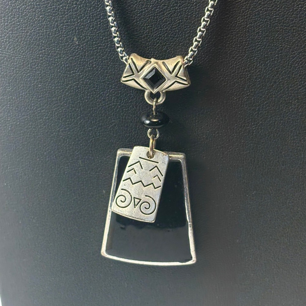 Geometric Pendant Necklace Silver Black Enamel Boho Goth Statement Minimalist 90